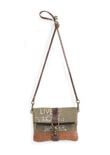 Load image into Gallery viewer, Mona B. Live Love Wander Bag Up-cycled Canvas Cross-body Bag with Vegan Leather Trim

