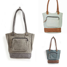 Load image into Gallery viewer, Mona B. Two In One Up-cycled and Re-cycled Canvas Tote/Shoulder/Backpack Bag with Vegan Leather Trim