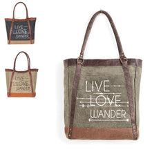 Load image into Gallery viewer, Mona B. Live Love Wander Bag Up cycled and Recycled Canvas Tote Bag with Vegan Leather Trim M-3701