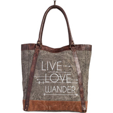 Load image into Gallery viewer, Mona B. Live Love Wander Bag Up cycled and Recycled Canvas Tote Bag with Vegan Leather Trim M-3701