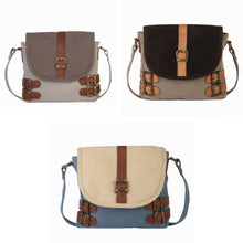 Load image into Gallery viewer, Mona B. Buckled Up Up-cycled and Re-cycled Canvas Cross-body with Vegan Leather Trim
