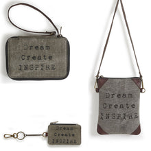 Load image into Gallery viewer, Mona B. Dream Create Inspire Up-cycled and Re-cycled Canvas Cross-body  with Vegan Leather Trim