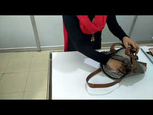 Load and play video in Gallery viewer, Mona B. Vintage Script Up-cycled and Re-cycled Canvas Tote/Shoulder/Cross-body Bag with Vegan Leather Trim, M-5930