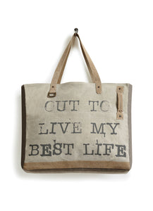 Mona B. Life Is Short Up-cycled and Re-cycled Canvas Tote/Shoulder Bag/Weekender with Vegan Leather Trim, M-5438