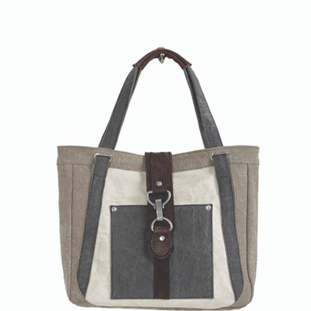 Mona B. Nora Up-cycled and Re-cycled Canvas Tote/Shoulder Bag with Vegan Leather Trim