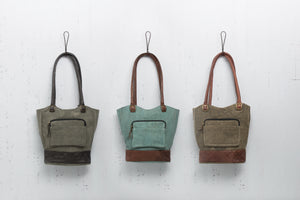 Mona B. Two In One Up-cycled and Re-cycled Canvas Tote/Shoulder/Backpack Bag with Vegan Leather Trim