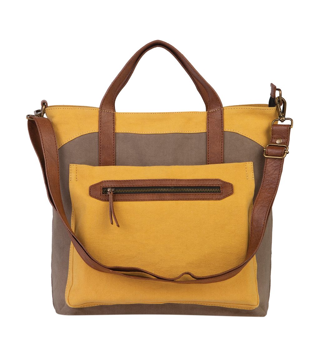 Mona B. Farrah Golden Rod Up-cycled and Re-cycled Canvas Tote/Shoulder Bag/Cross-body with Vegan Leather Trim, MD-5704