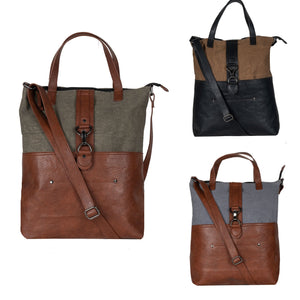 Mona B. Jamie Up-cycled and Re-cycled Canvas Tote/Shoulder Bag with Vegan Leather Trim