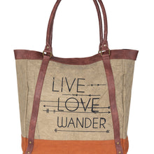 Load image into Gallery viewer, Mona B. Live Love Wander Bag Up cycled and Recycled Canvas Tote Bag with Vegan Leather Trim M-3701
