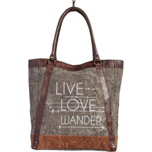 Load image into Gallery viewer, Mona B. Live Love Wander Bag Up cycled and Recycled Canvas Tote Bag with Vegan Leather Trim M-3701
