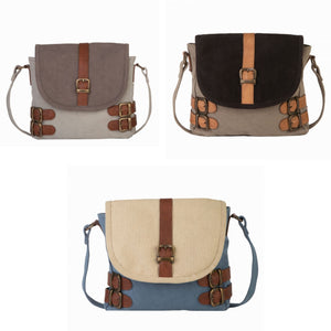 Mona B. Buckled Up Up-cycled and Re-cycled Canvas Cross-body with Vegan Leather Trim