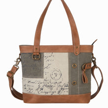 Load image into Gallery viewer, Mona B. Vintage Script Up-cycled and Re-cycled Canvas Tote/Shoulder/Cross-body Bag with Vegan Leather Trim, M-5930

