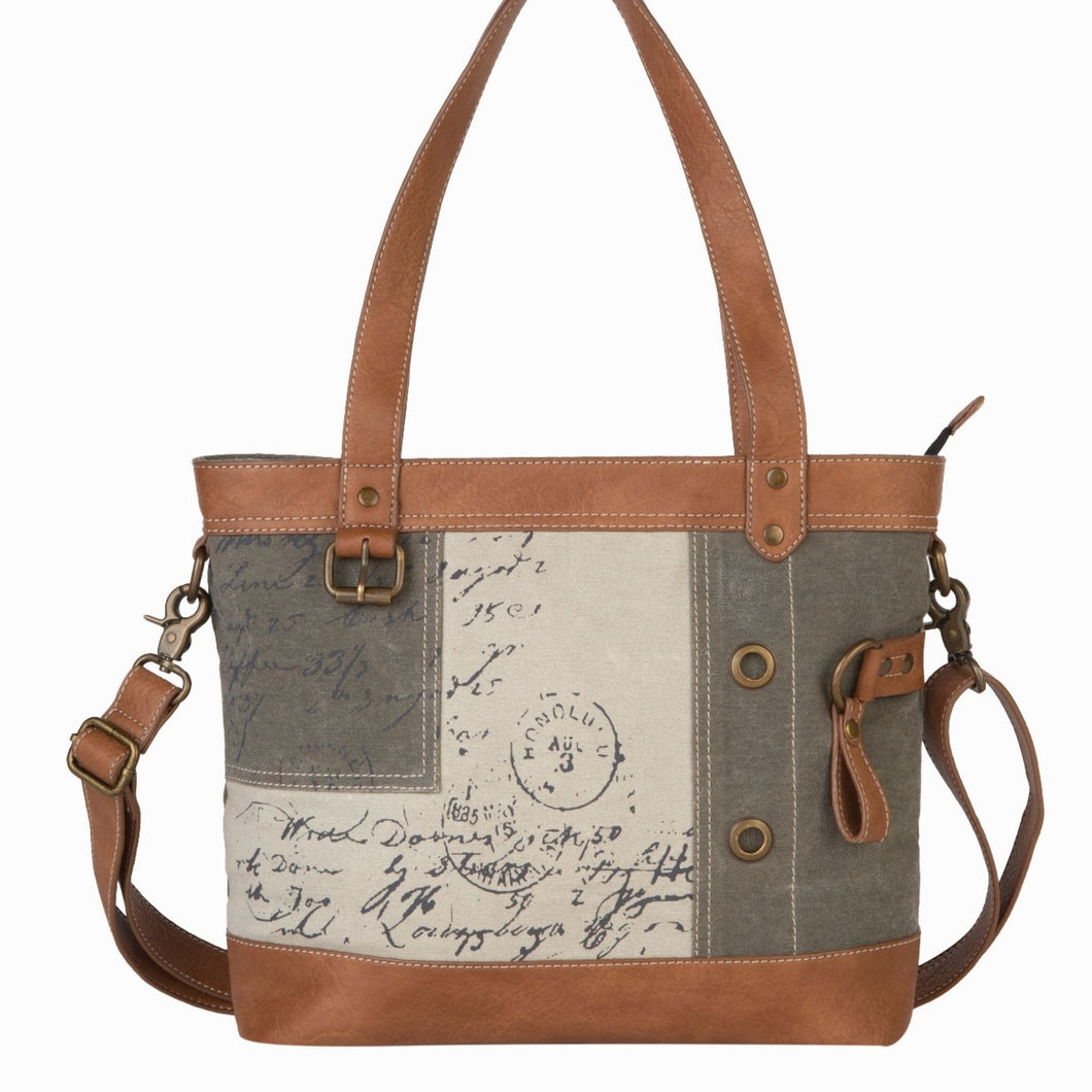 Mona B. Vintage Script Up-cycled and Re-cycled Canvas Tote/Shoulder/Cross-body Bag with Vegan Leather Trim, M-5930